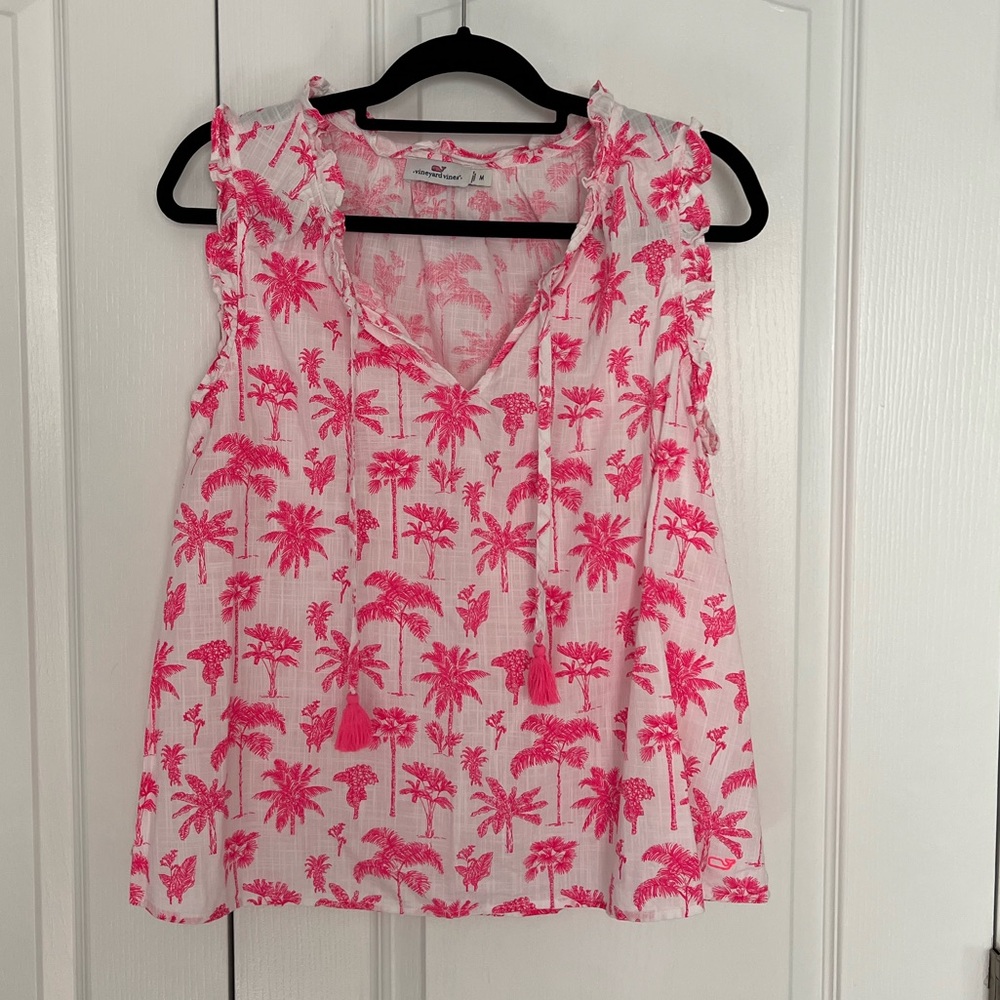 Vineyard Vines women’s tank top pink palm trees with fringe tassels medium